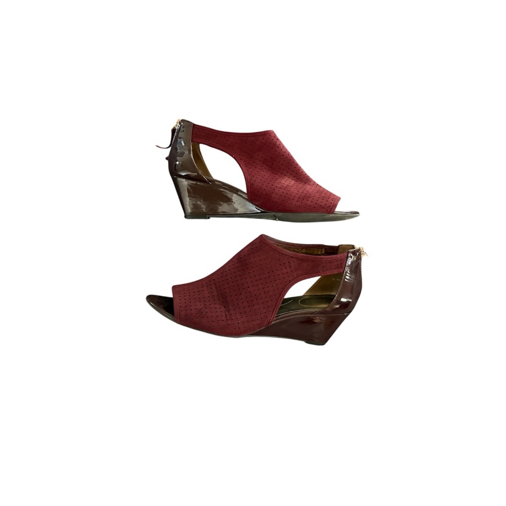 Bandolino•Burgundy Perforated Open-Toe Wedge Sandals